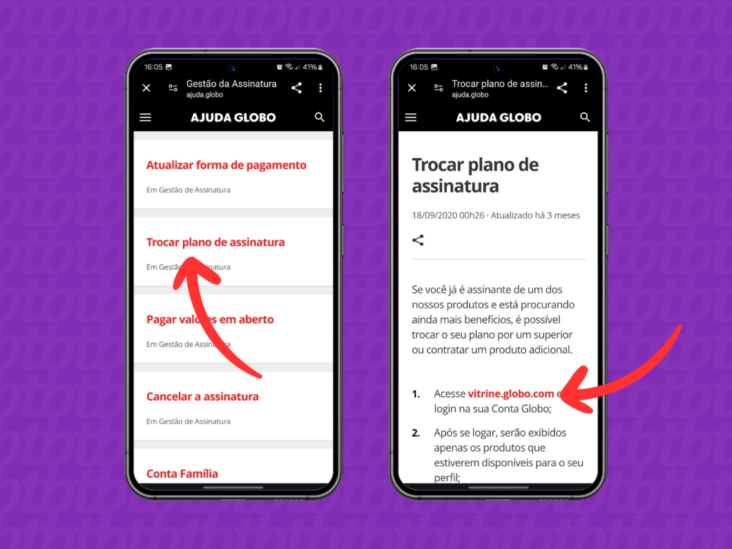 Capturas de tela do aplicativo Globoplay mostram como trocar plano de assinatura do serviço de streaming