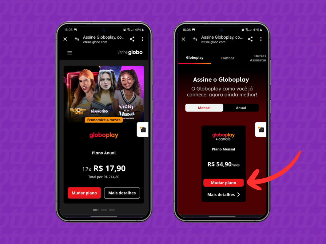 Capturas de tela do aplicativo Globoplay mostram como escolher e mudar o plano de assinatura do serviço de streaming