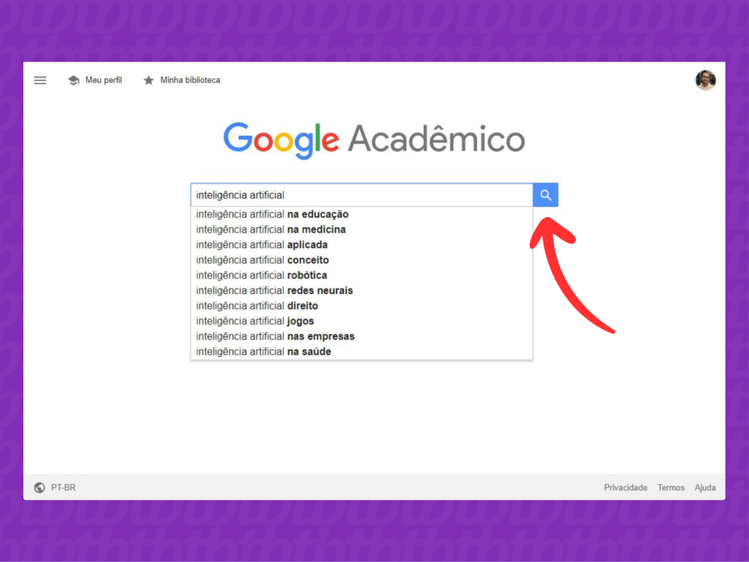 Captura de tela do Google Acadêmico mostra como realizar uma pesquisa na plataforma
