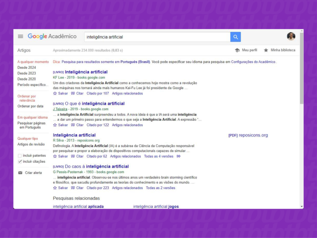 Captura de tela do Google Acadêmico mostra como os resultados de uma pesquisa na plataforma