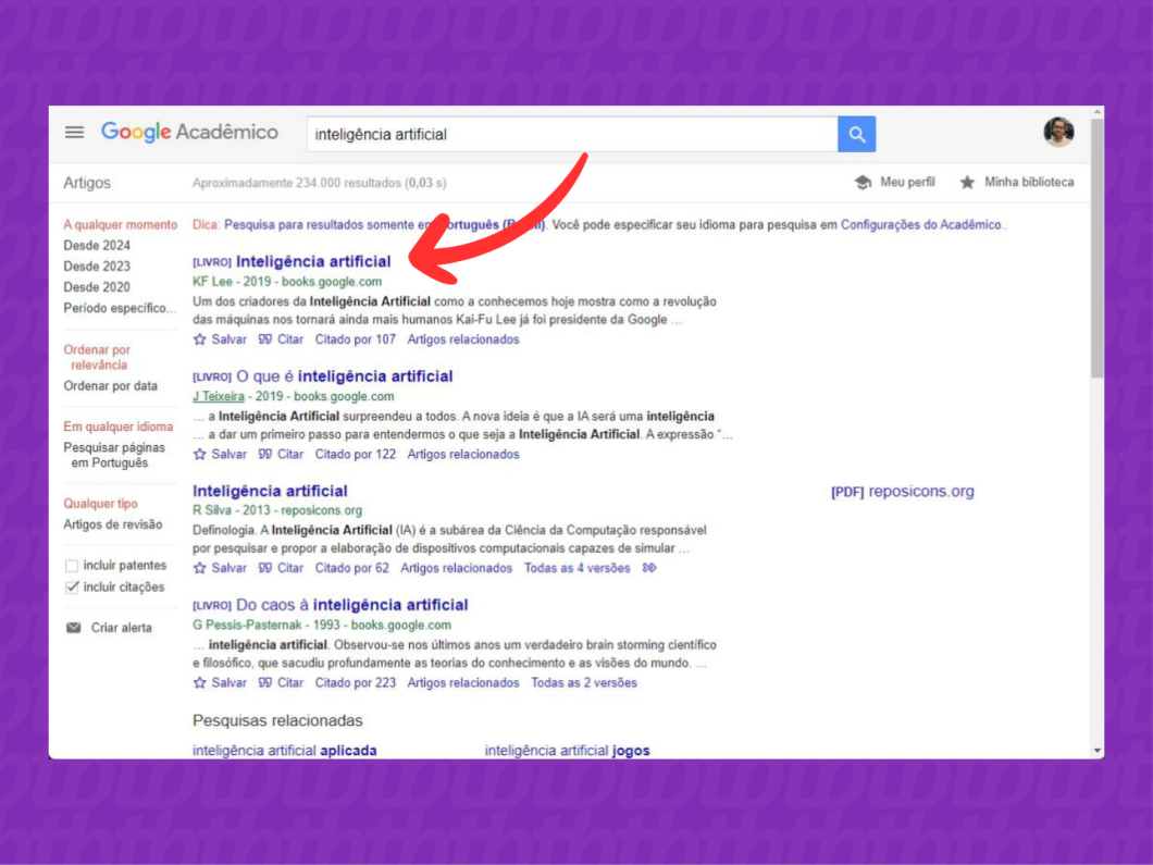 Captura de tela do Google Acadêmico mostra como acessar um dos resultados da pesquisa
