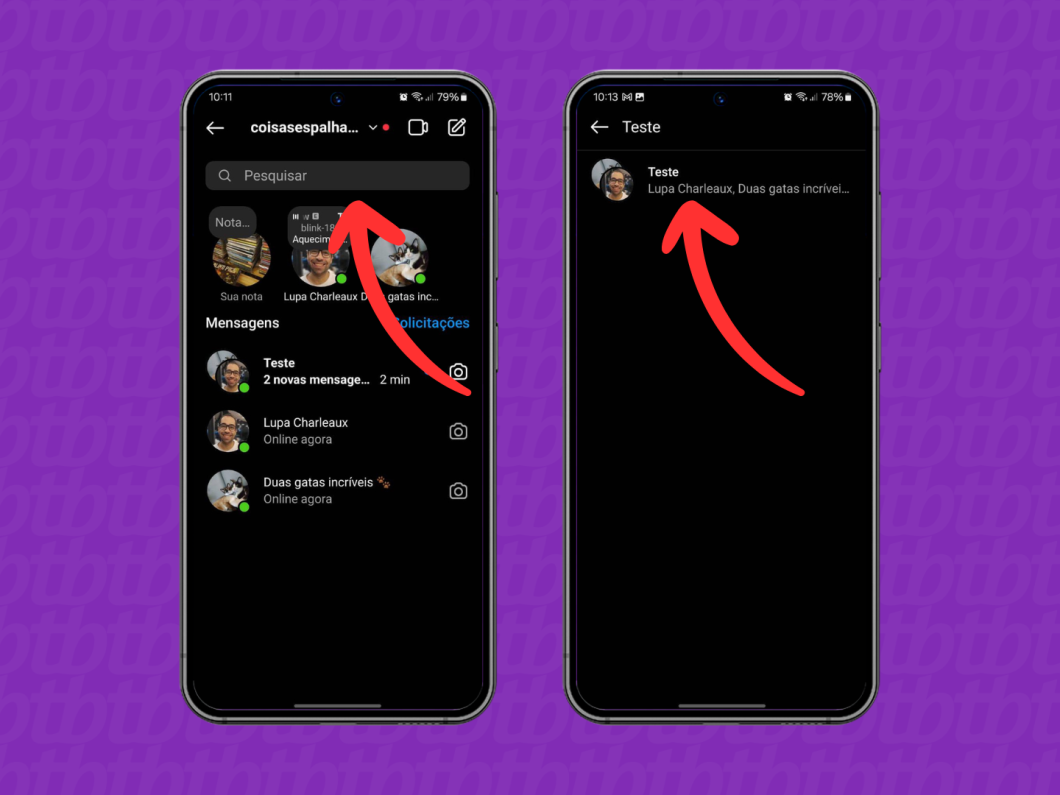 Capturas de tela do aplicativo Instagram mostram como acessar um bate-papo em grupo