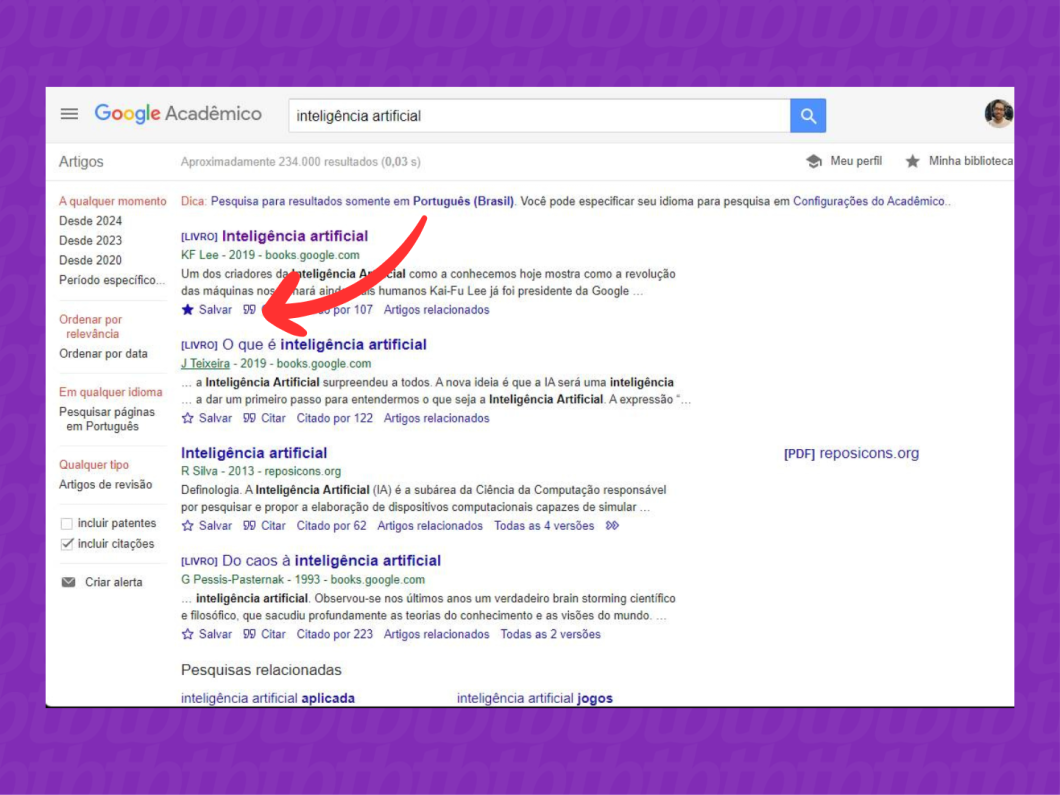 Captura de tela do Google Acadêmico mostra como salvar um artigo em "Minha Biblioteca"