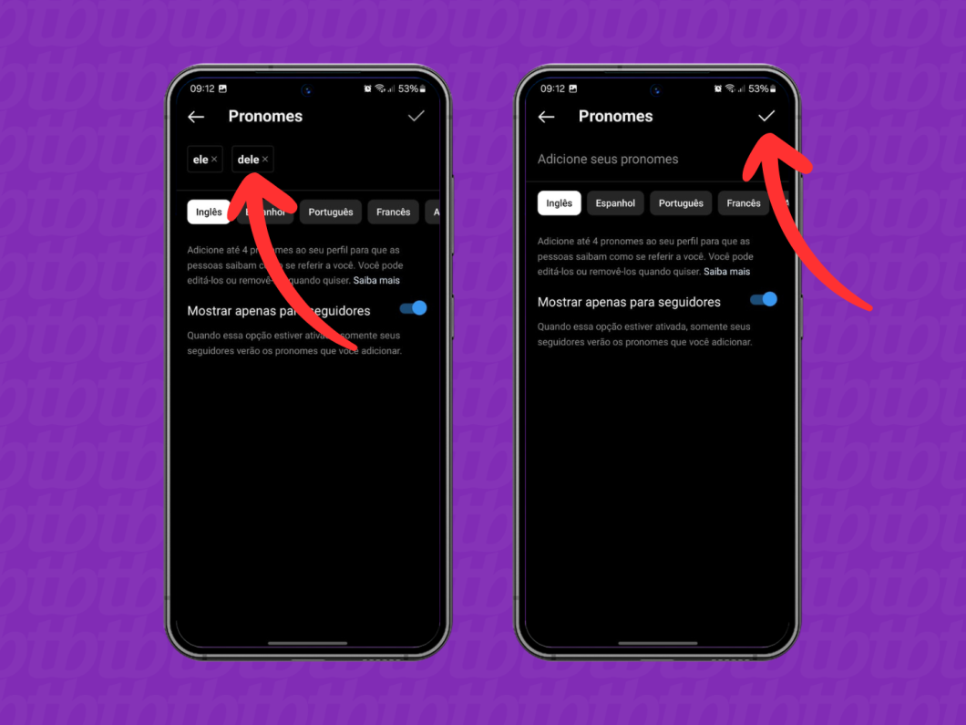 Capturas de tela do aplicativo Instagram indicam como remover os pronomes do perfil