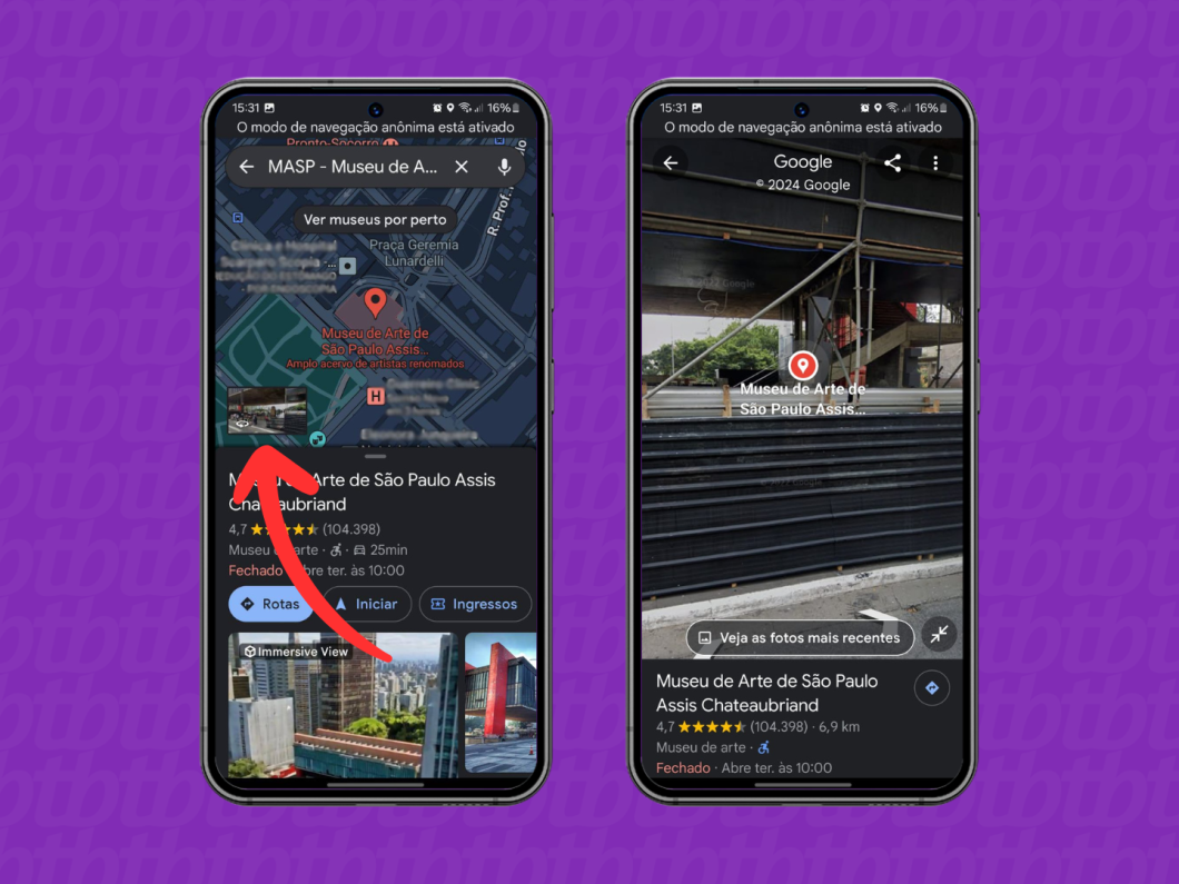 Capturas de tela do aplicativo Google Maps mostram como abrir a ferramenta Street View