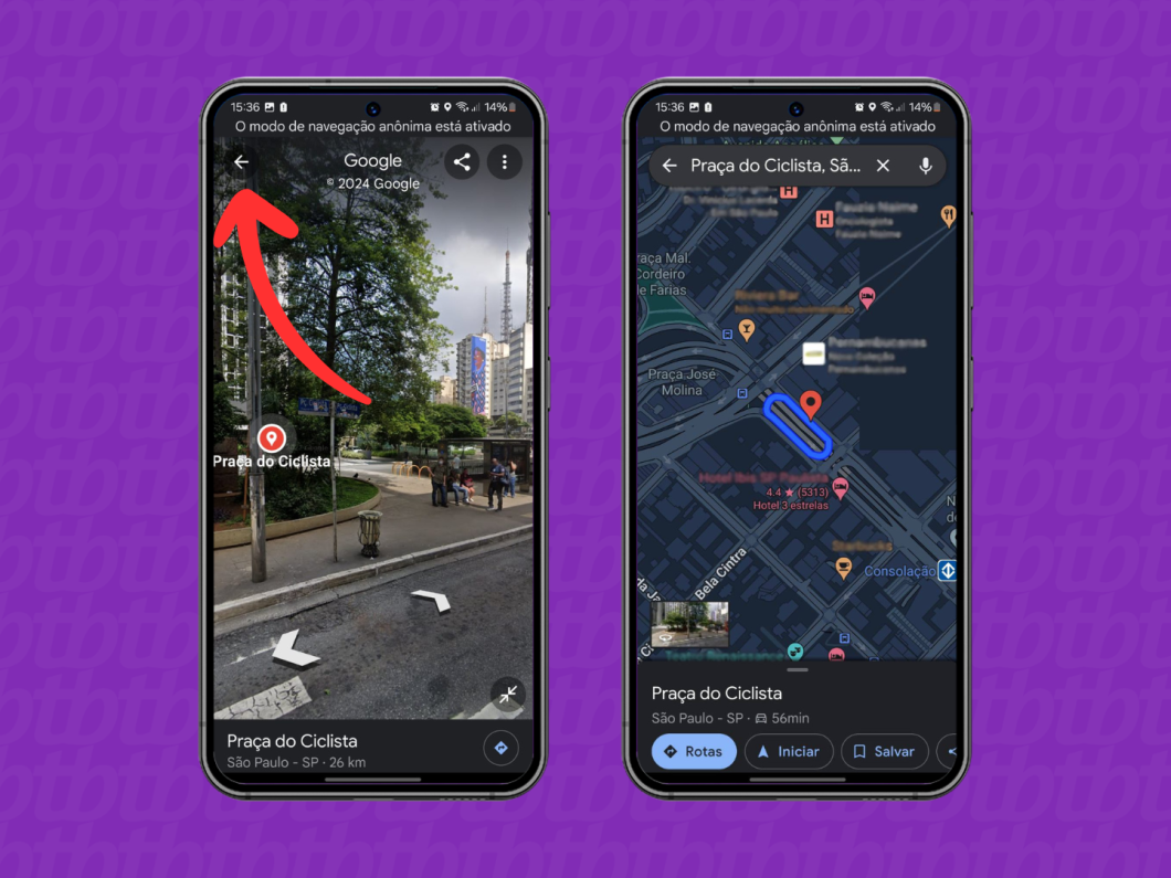 Capturas de tela do aplicativo Google Maps mostram como fechar a ferramenta Street View