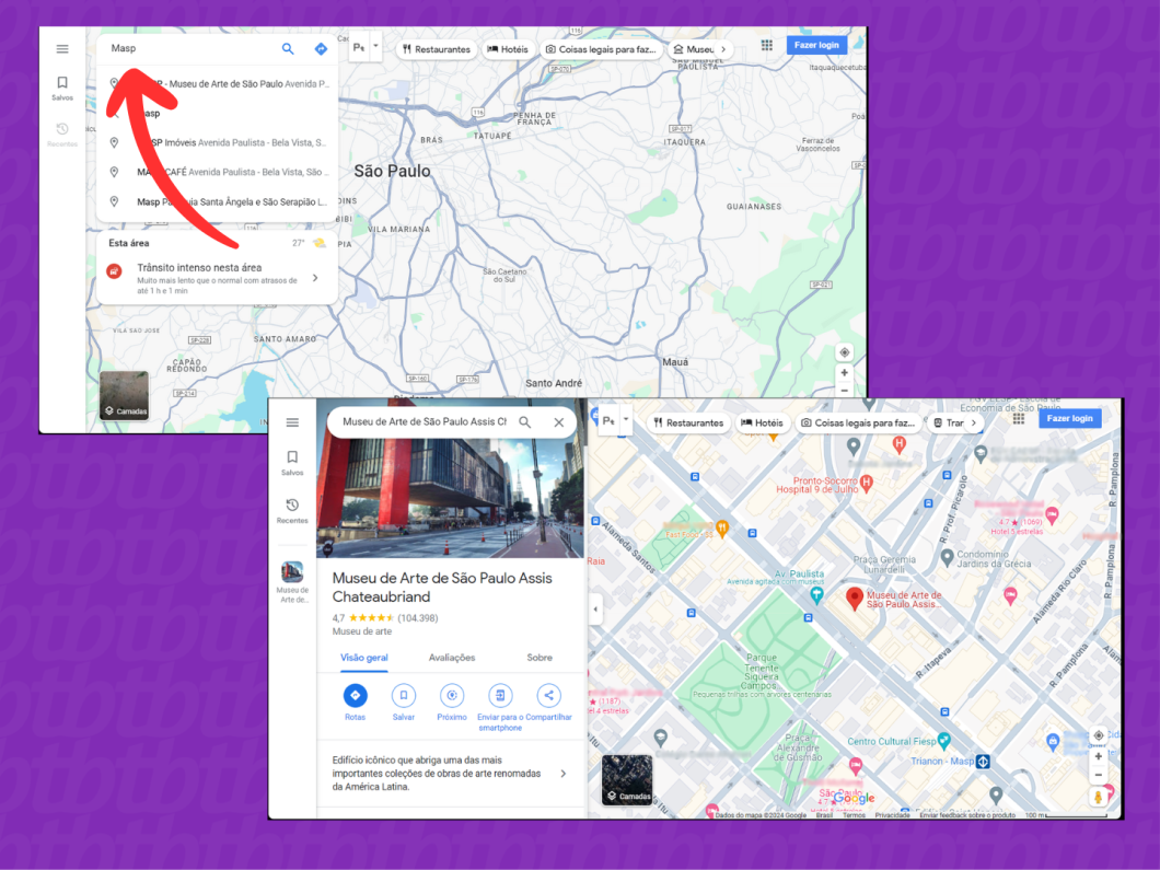 Capturas de tela do site Google Maps mostram realizar a pesquisa de endereço