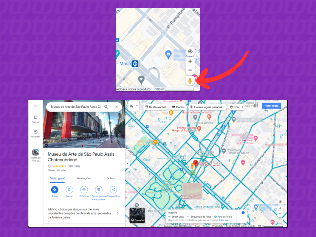 Capturas de tela do site Google Maps mostram ativar a ferramenta Street View