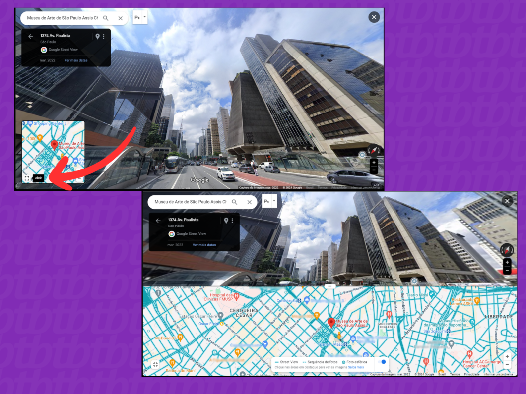 Capturas de tela do site Google Maps mostram usar a ferramenta Street View dividindo a tela com o mapa