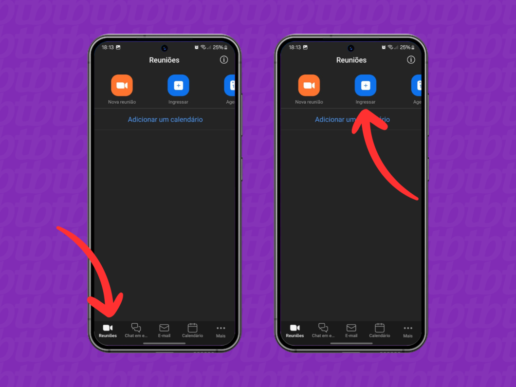 Capturas de tela do app Zoom no celular mostram como acessar a opção "Ingressar"