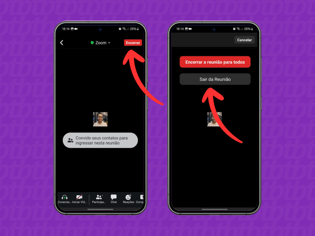 Capturas de tela do app Zoom no celular mostram como sair de uma reunião