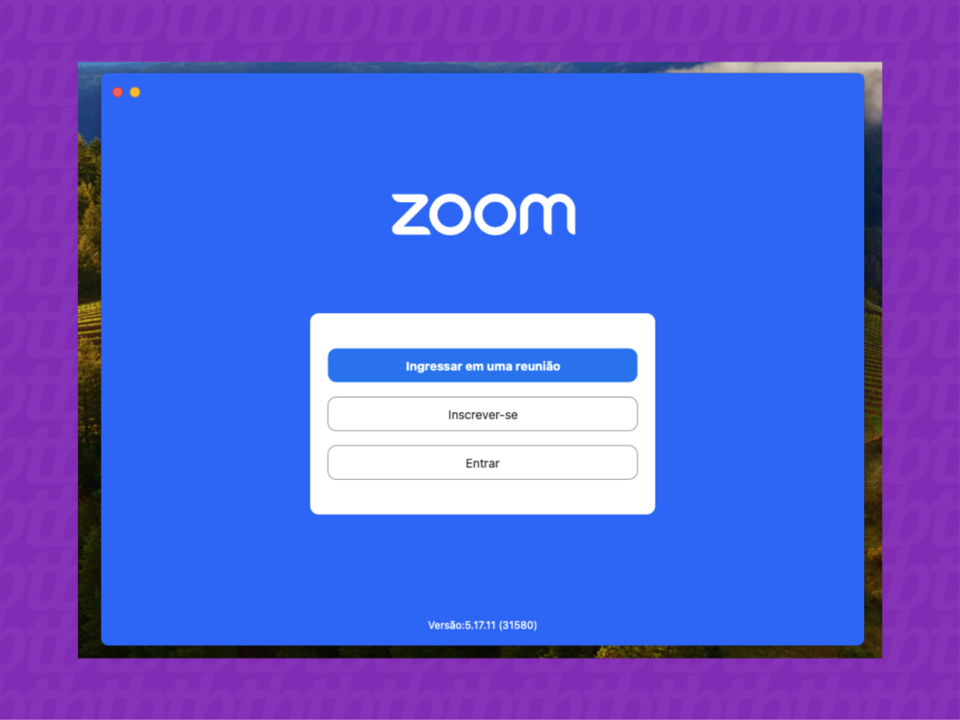 Captura de tela do app Zoom no Mac mostra a página de abertura com as opções Ingressar, Inscrever-se e Entrar