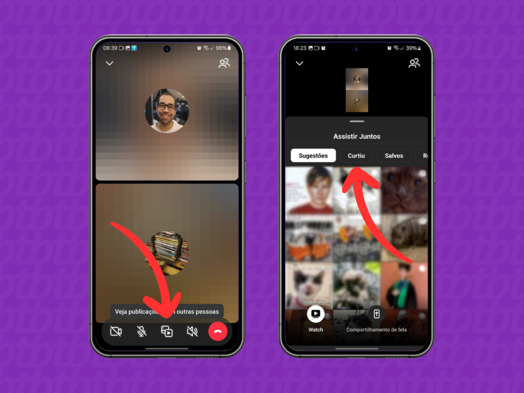 Capturas de tela do aplicativo Instagram mostram como usar o recurso "Assistir Juntos" em uma chamada de vídeo