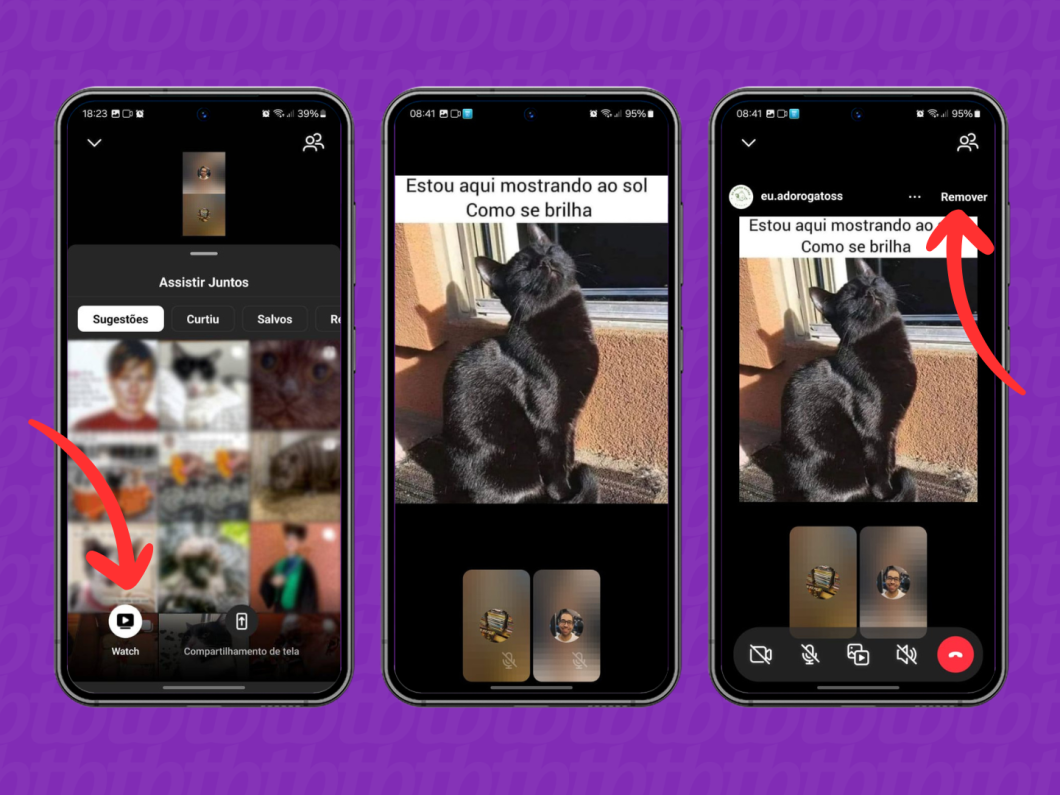 Capturas de tela do aplicativo Instagram mostram como ver posts juntos em uma chamada de vídeo