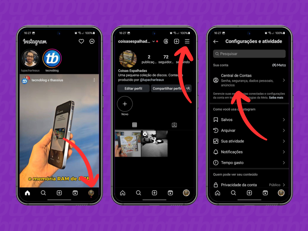 Capturas de tela do app Instagram mostram como acessar a Central de Contas da Meta
