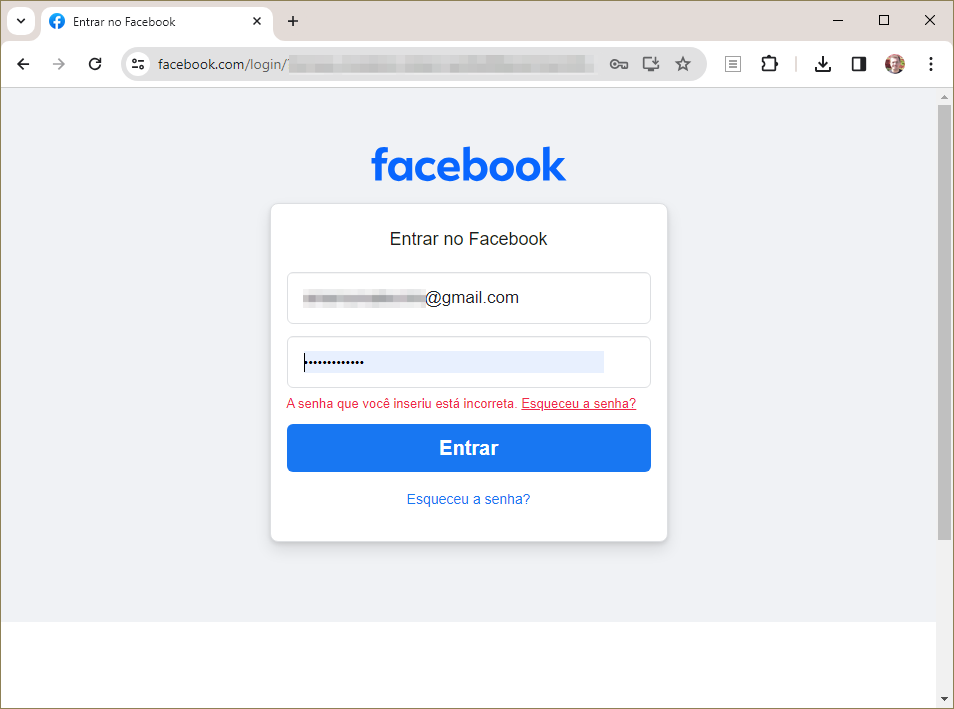 Tela de “Entrar no Facebook” dá mensagem de erro (Imagem: Reprodução/Tecnoblog)