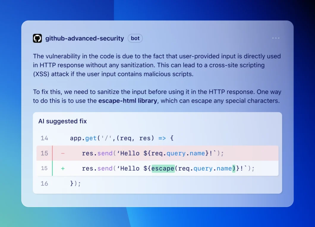 AI Autofix do GitHub notificará se encontrar uma falha ou bug em código (Imagem: Divulgação/GitHub)