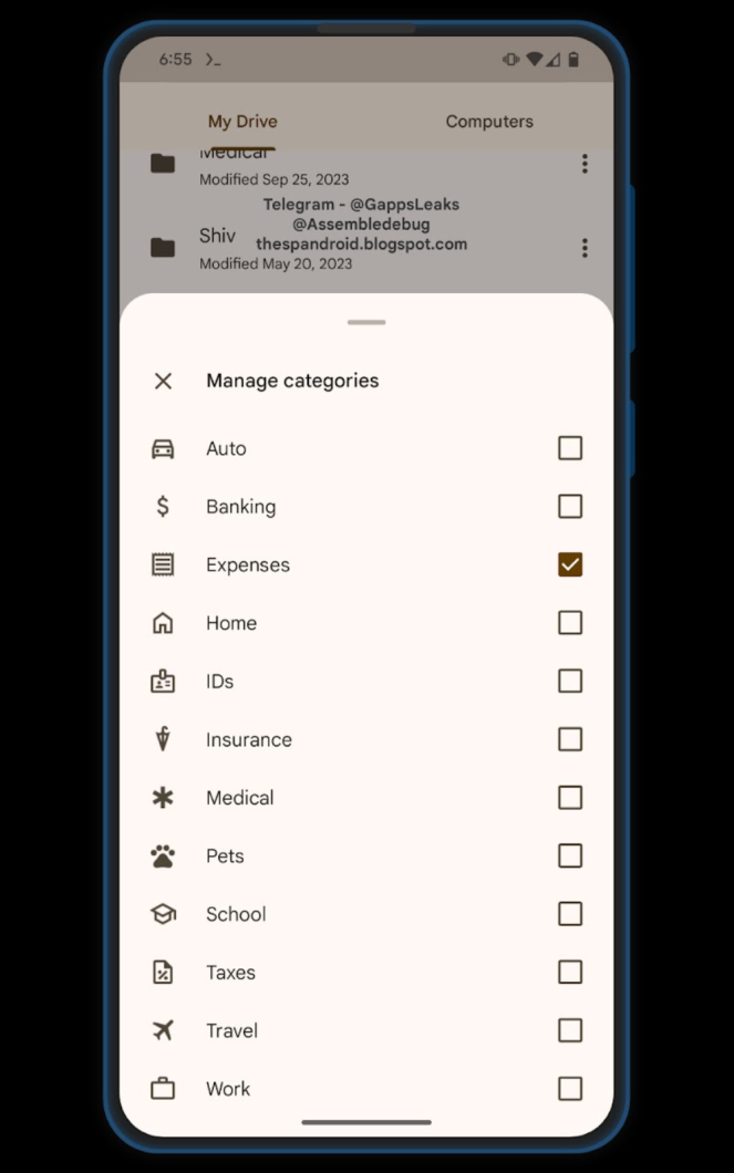 Tela do app do Google Drive para Android com 12 categorias