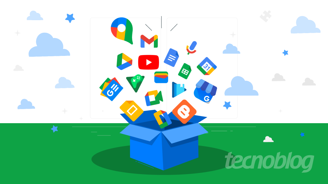 Ilustração do Google Takeout mostra vários ícones dos serviços do Google em uma caixa