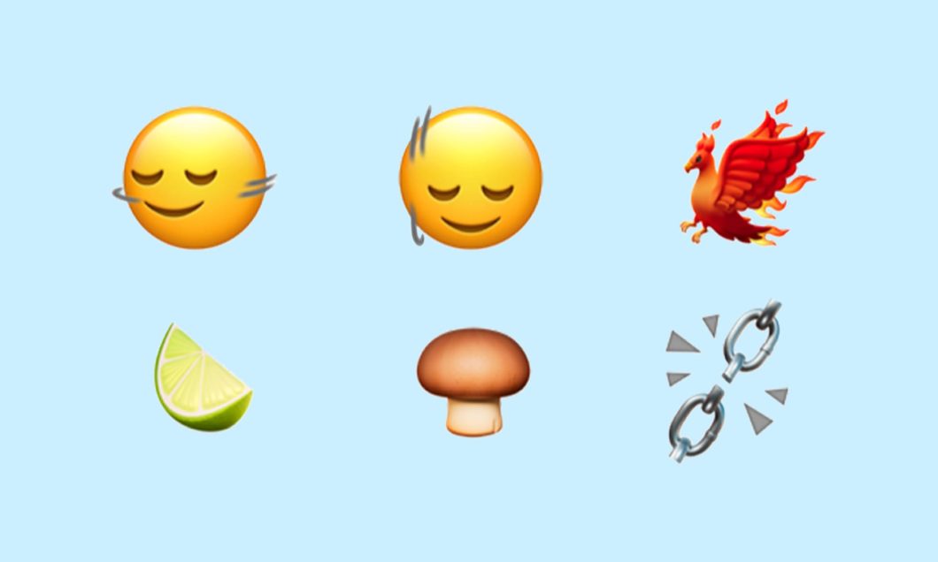 Emojis de carinhas acenando vertical e horizontalmente, fênix, lima, cogumelo e corrente quebrando