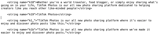 Descrição do TikTok Photos na string k18, mas poderia ser do Instagram (Imagem: Reprodução/TechCrunch)