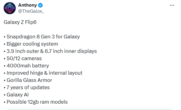 Leaker TheGalox publicou possíveis especificações do Galaxy Z Flip 6 (Imagem: Reprodução/X/Twitter)