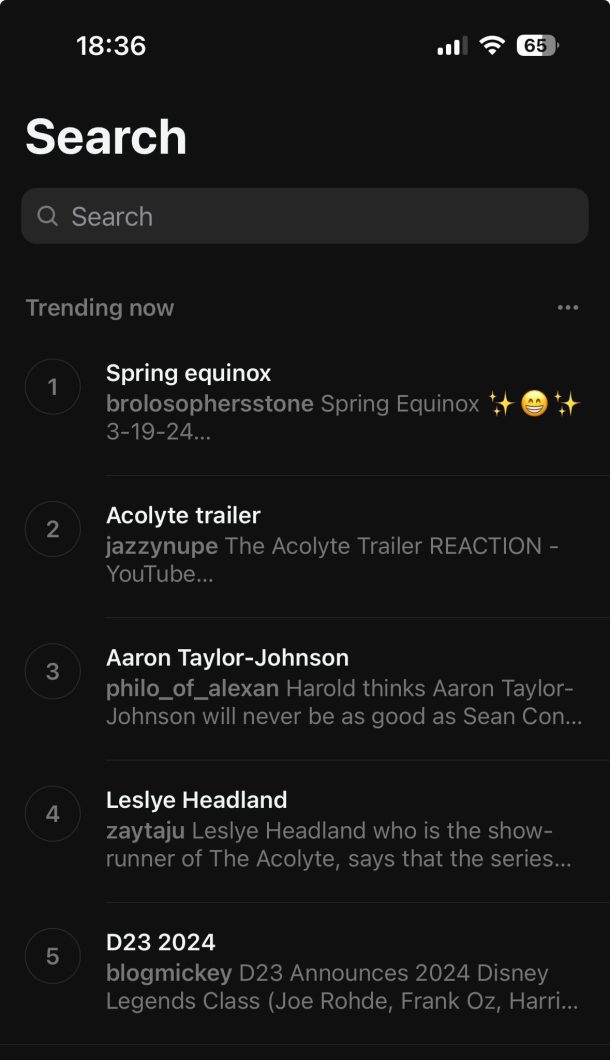 Trending now do Threads mostra conteúdos sobre séries e início da primavera no hemisfério norte (Imagem: Reprodução/Threads)