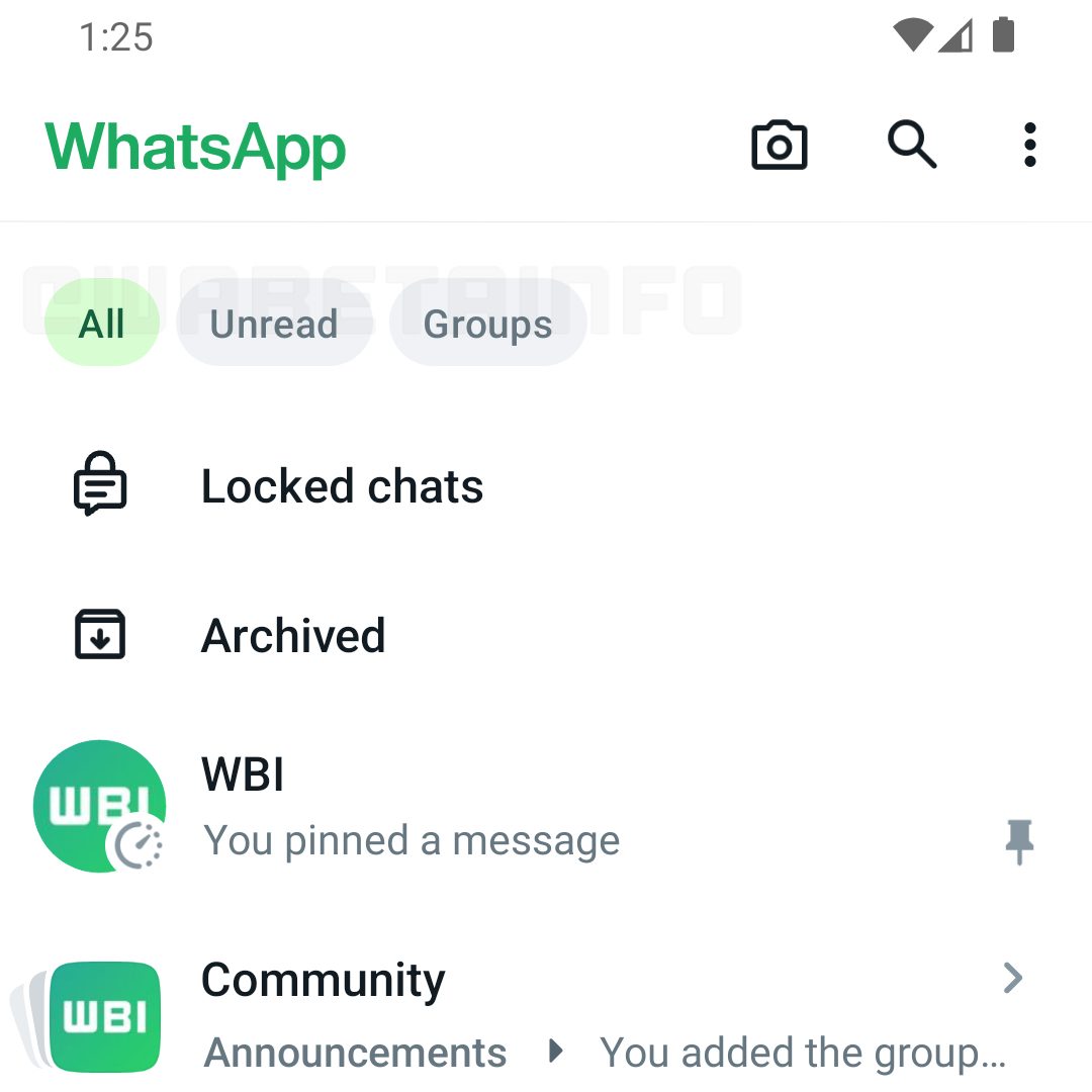 Tela do WhatsApp beta para Android com três filtros (todas as conversas, não lidas e grupos)