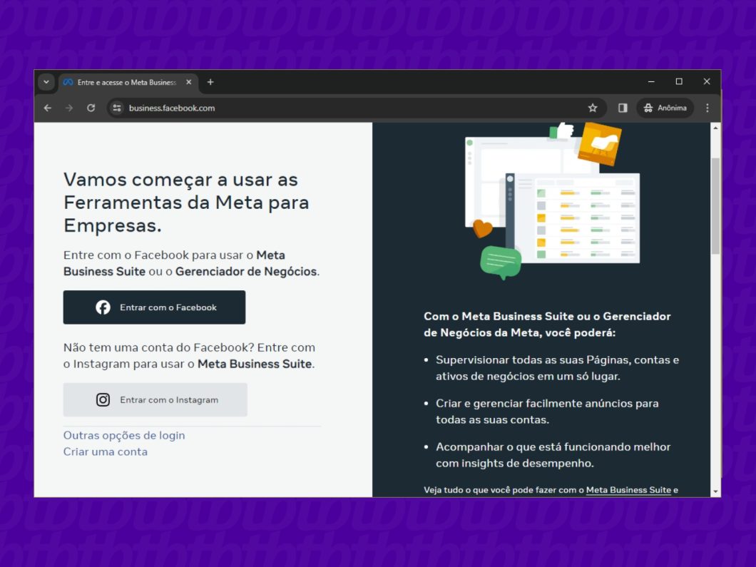 Entre no site da plataforma Meta Business Suite (imagem: Emerson Alecrim/Tecnoblog)