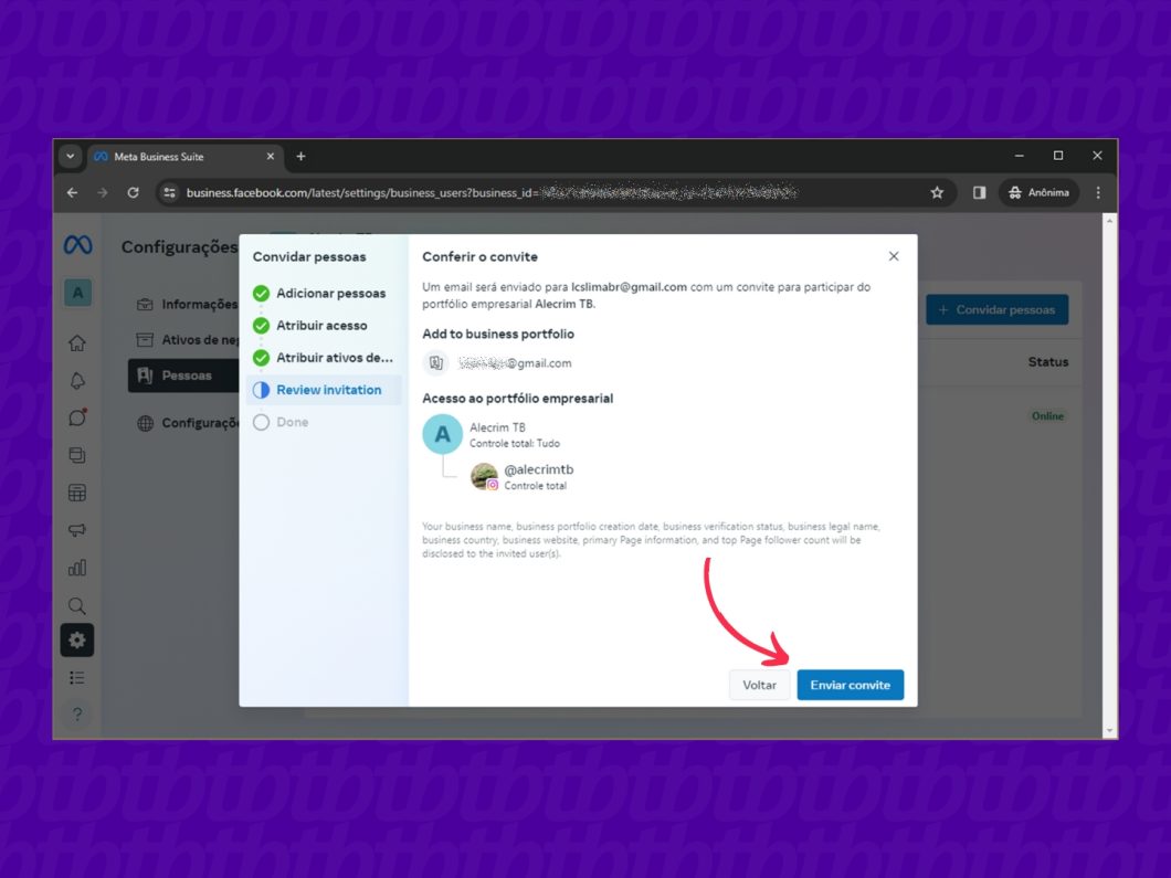 Revise as configurações e envie o convite (imagem: Emerson Alecrim/Tecnoblog)