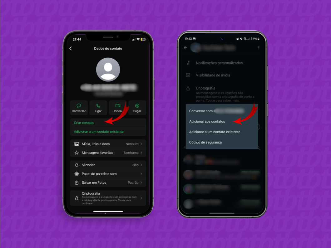 Captura de tela mostra janela com os dados do usuário a ser salvo no iOS com seta indicando o botão "Criar contato" e "Adicionar aos contatos" no Android