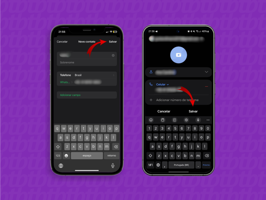 Captura de tela mostra a tela para preencher os dados do contato a ser Salvo no WhatsApp, com seta indicando botão "Salvar"