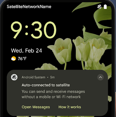 Tela do Android 15 com conexão via satélite