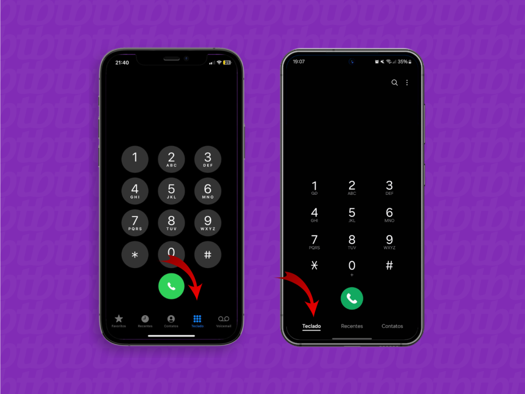 Captura de tela mostra aplicativo de "Telefone" do Android e "iOS" com setas vermelhas apontando para o botão "Teclado"