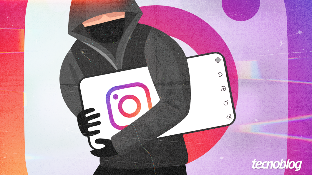 Ilustração mostra um bandido roubando um celular com o logo do Instagram
