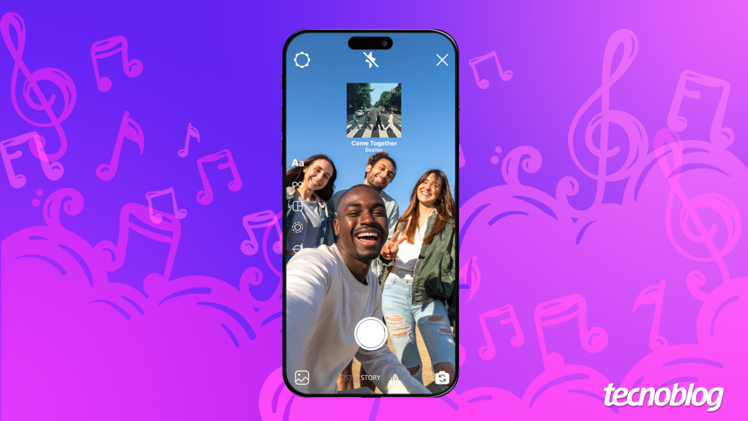 Ilustração mostra um celular com o aplicativo do Instagram com a foto de um grupo de pessoas e um sticker da música "Come Together" do The Beatles