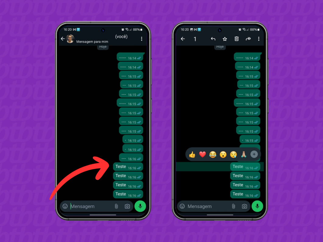 Capturas de tela do aplicativo WhatsApp no Android mostram como selecionar uma mensagem em uma conversar