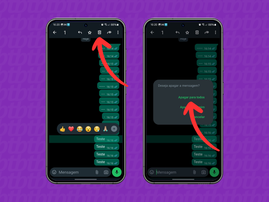 Capturas de tela do aplicativo WhatsApp no Android mostram como apagar uma mensagem para todos