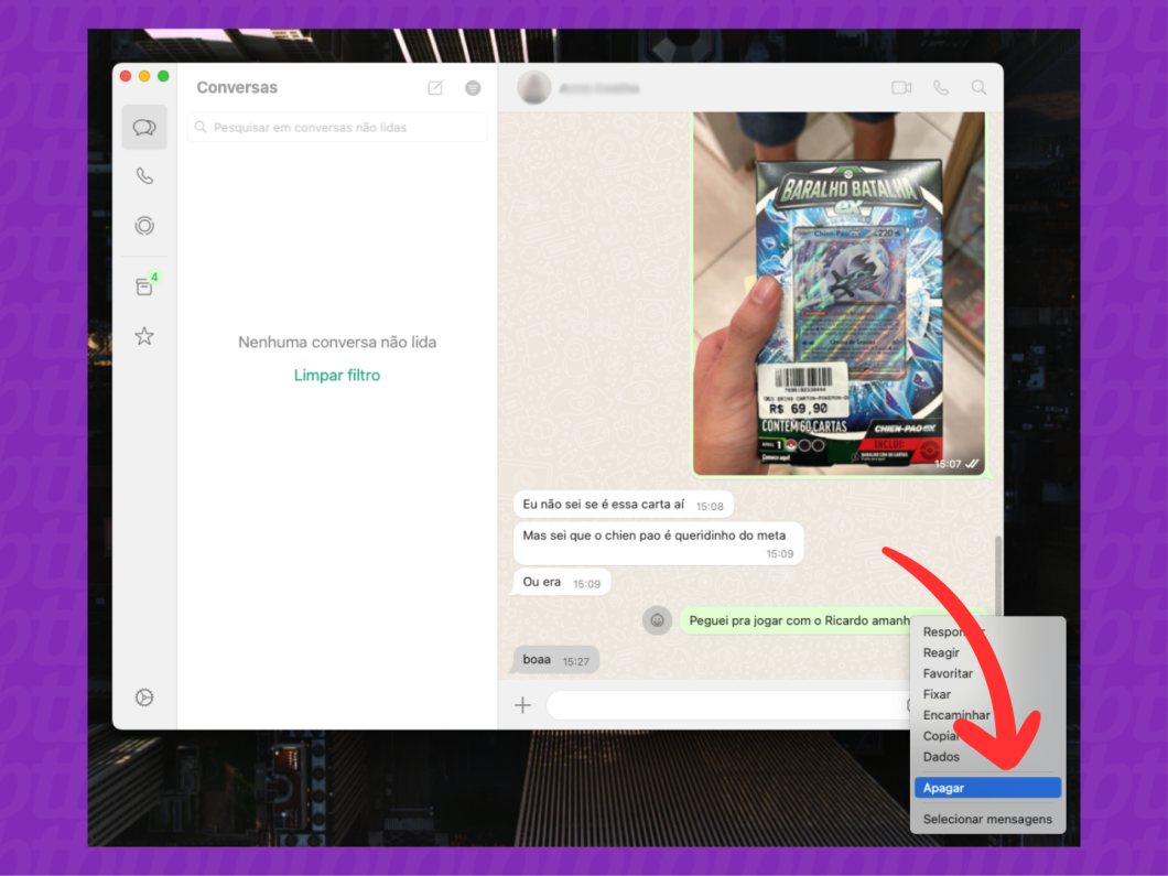 Captura de tela do aplicativo WhatsApp no Mac mostra como escolher uma mensagem para apagar