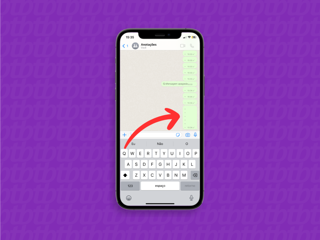 Captura de tela do aplicativo WhatsApp no iOS mostra como selecionar uma mensagem