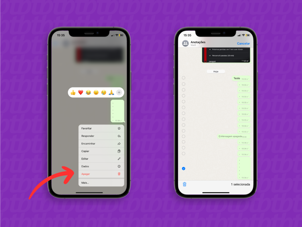 Capturas de tela do aplicativo WhatsApp no iOS mostram como usar a opção "Apagar" mensagem