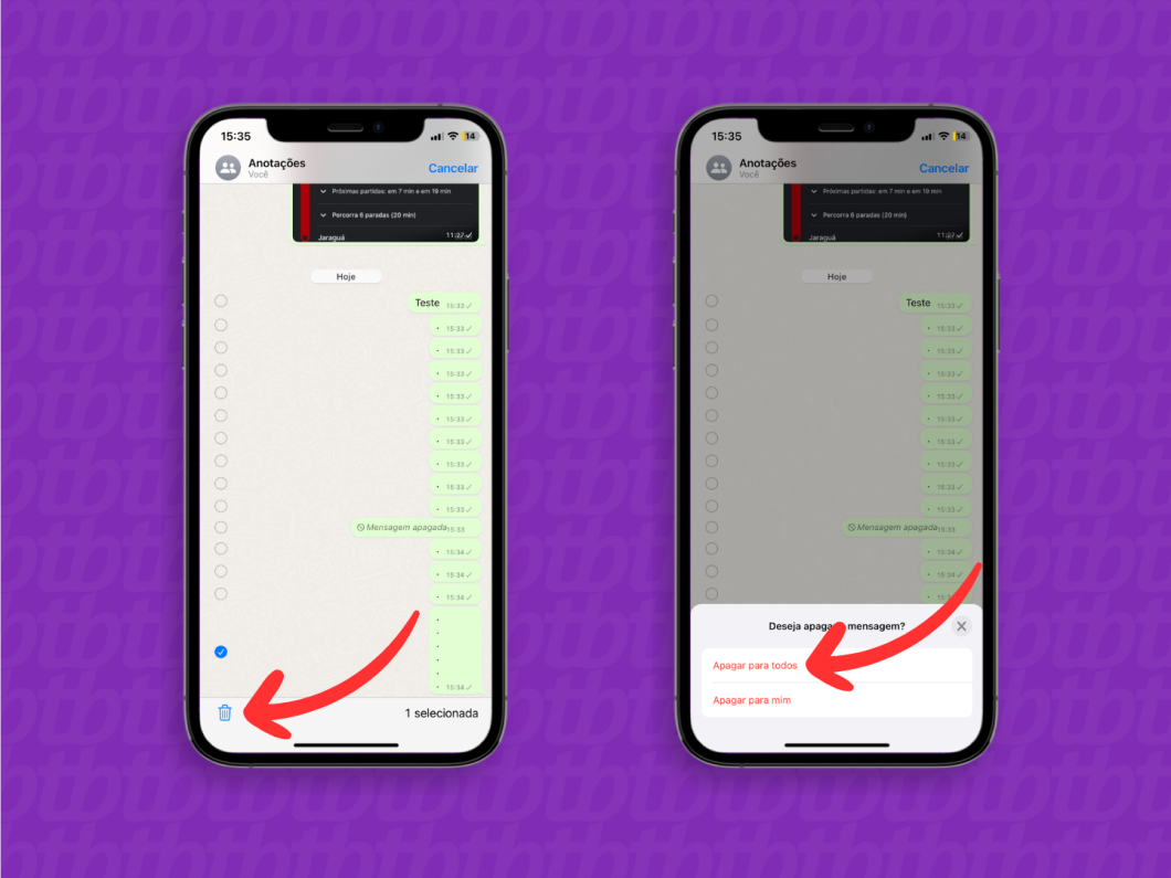 Capturas de tela do aplicativo WhatsApp no iOS mostram como usar a opção "Apagar para todos"