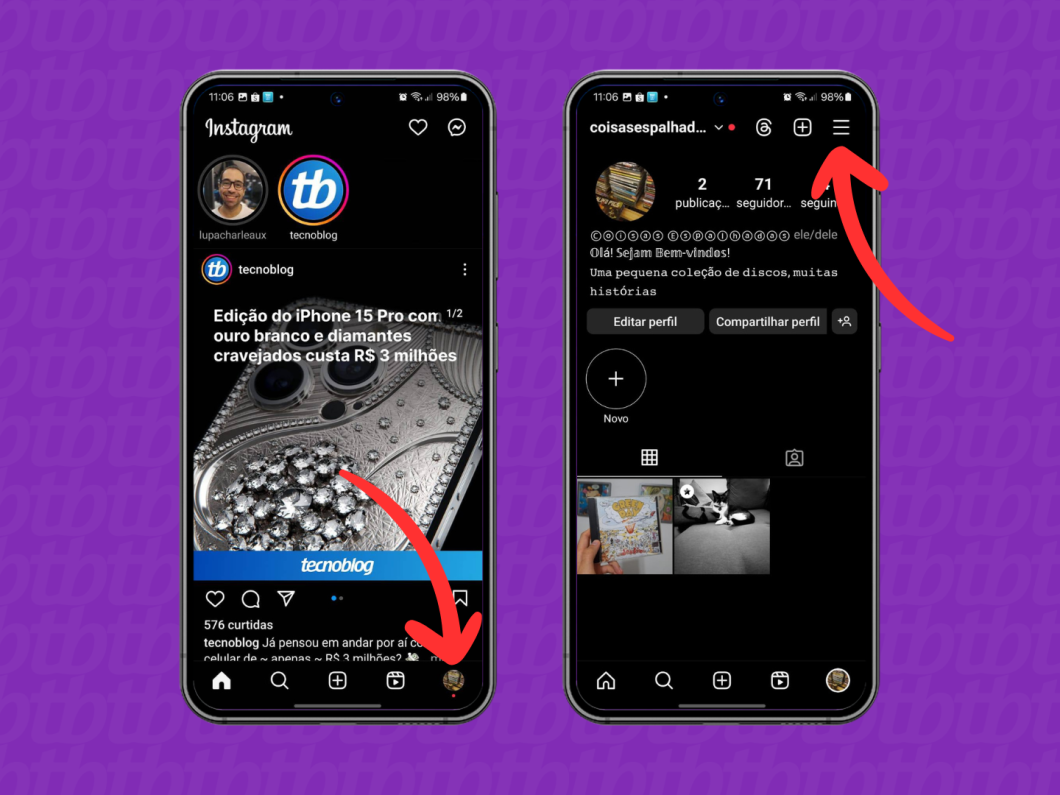 Capturas de tela do aplicativo Instagram mostram como acessar o menu principal da rede social