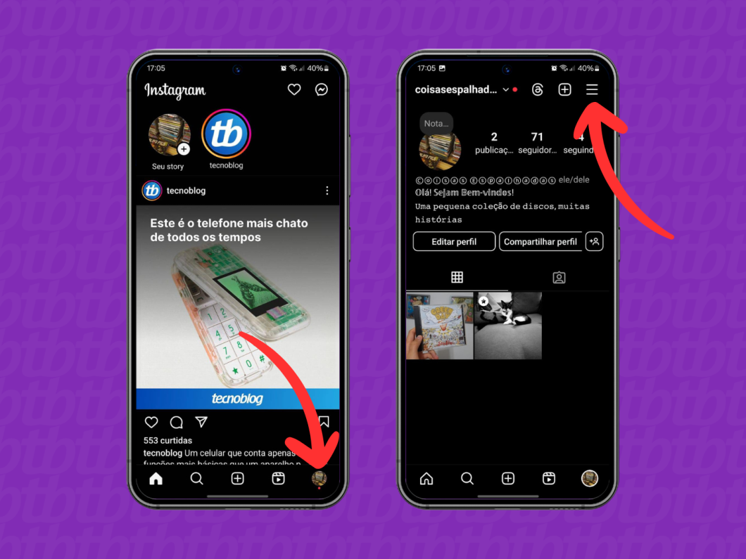 Capturas de tela do aplicativo Instagram mostram como acessar o menu de configurações
