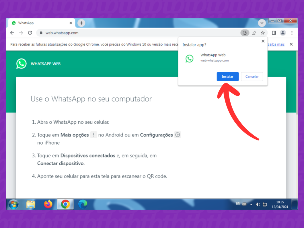 Captura de tela do navegador Google Chrome com uma janela pop up com o botão Instalar para realizar o download do WhatsApp Web
