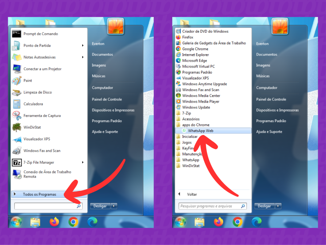 Capturas de tela do menu Iniciar do Windows 7 mostram como criar um atalho para o WhatsApp Web