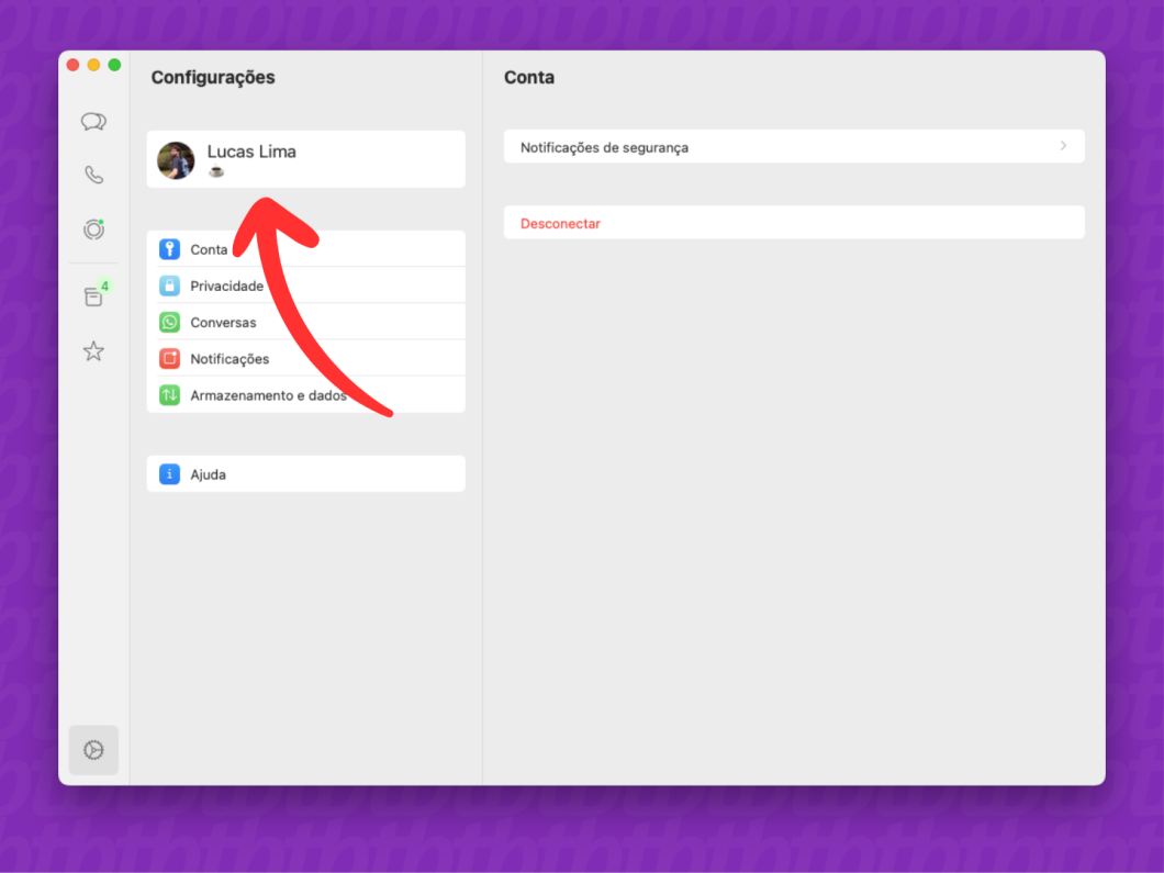 Captura de tela do app WhatsApp no Mac mostra como acessar as opções de Configurações