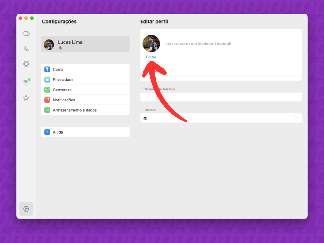 Captura de tela do app WhatsApp no Mac mostra como acessar a opção para editar a foto de perfil