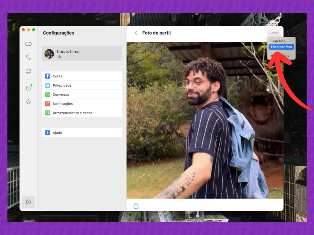 Captura de tela do app WhatsApp no Mac mostra como acessar a opção para escolher uma nova foto de perfil