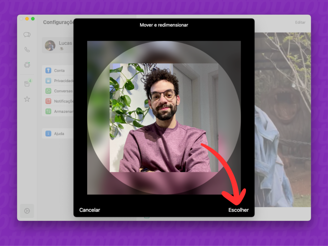 Captura de tela do app WhatsApp no Mac mostra como redimensionar uma nova foto de perfil
